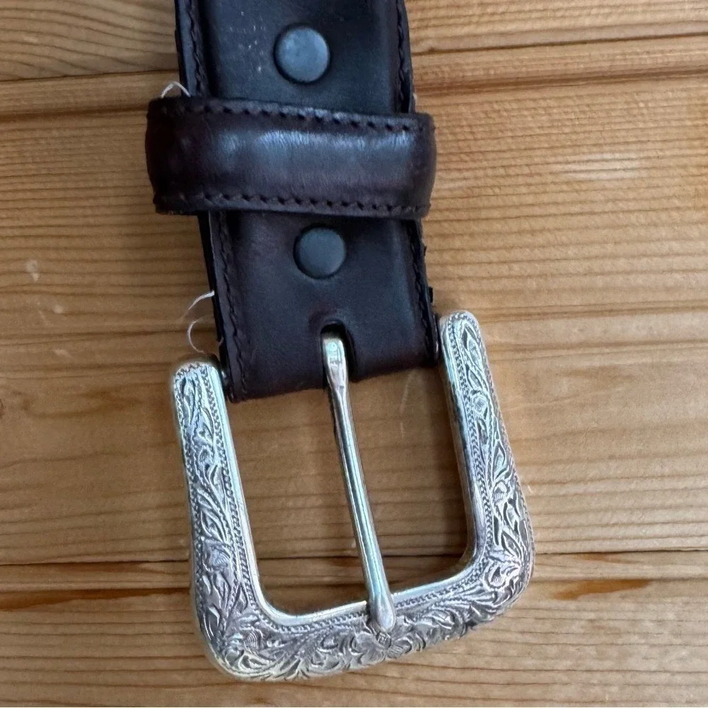 Resistol Belt Genuine Full Grain Leather Brown Silver Buckle Geometric 44/110